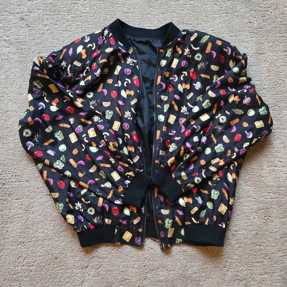 Silk Fabrics Jackets & Blazers - Vintage Silk Fabrics Pasta Print Bomber Jacket Black Novelty Size S